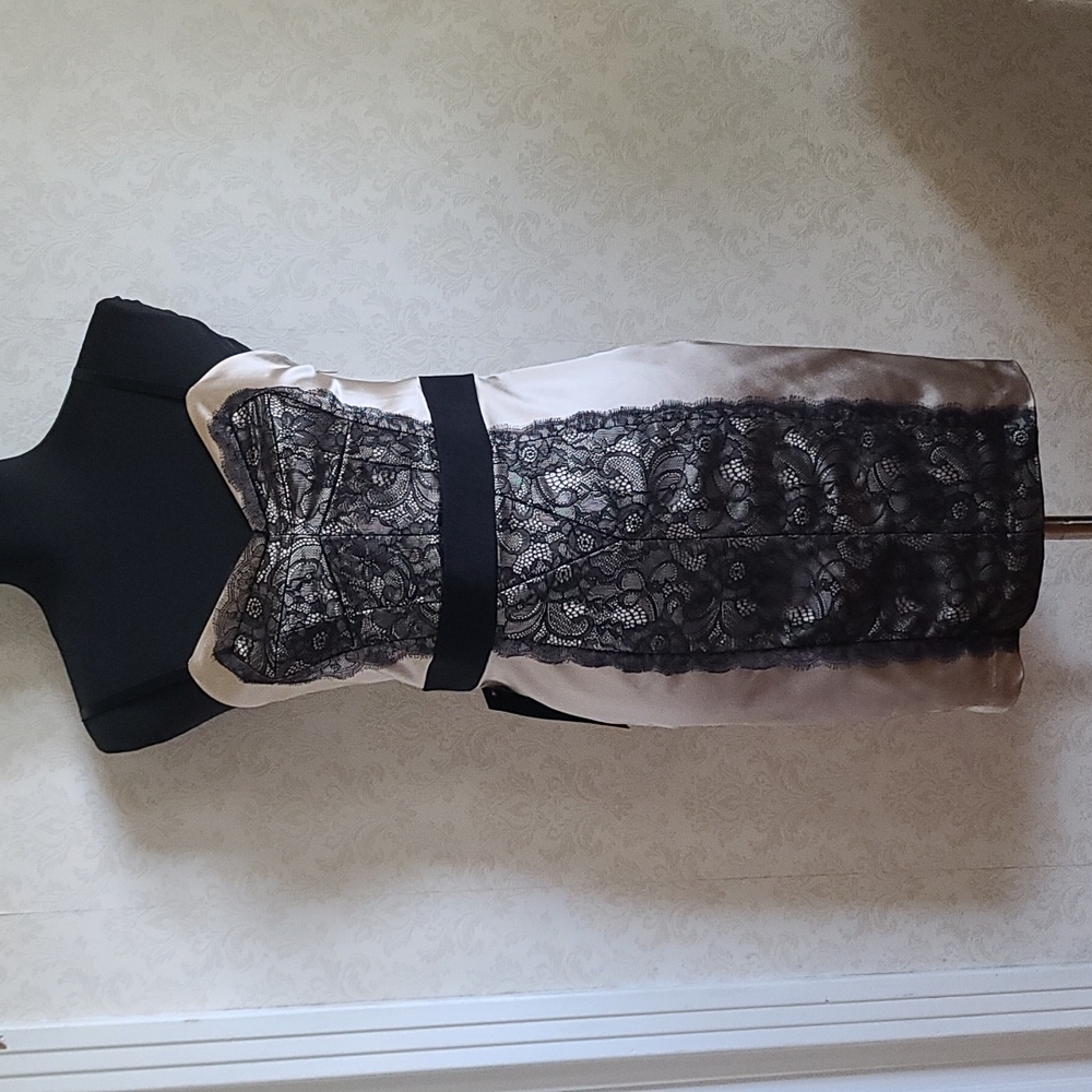 Bebe Dress, Size M, Satin look with black lace overlay
